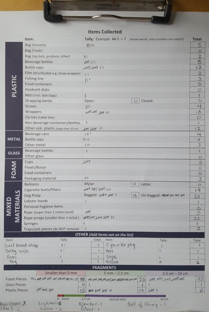 New data card, with tallies from our Jenness Beach cleanup on 1/13/18