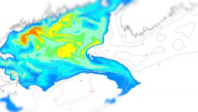 A physical-biological model of wind stress and simulated surface cell concentration of the harmful algal bloom Alexandrium catenella in the Gulf of Maine from June 19, 2019 / NOAA Image