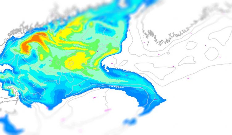 A physical-biological model of wind stress and simulated surface cell concentration of the harmful algal bloom Alexandrium catenella in the Gulf of Maine from June 19, 2019 / NOAA Image
