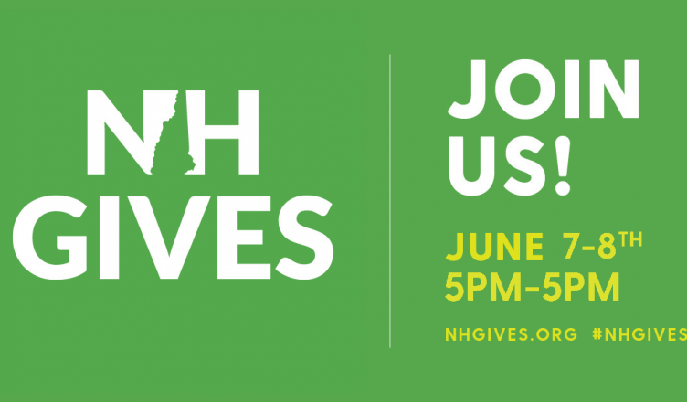 Join us for NH Gives, June 7-8, 2022. Image shows letters on a green background.