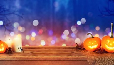 Halloween background image showing pumpkins and decor