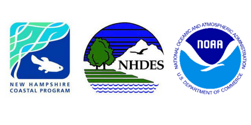 Logos for NH Coastal Program (with wave and a fish), NH Department of Environmental Services (showing trees, water, a mountain, sky and a bird) and NOAA (showing a bird with blue above and below and the words National Oceanic and Atmospheric Administration)