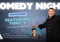 Comedy Night banner image featuring a dark-haired man with a dark shirt and his arms outstretched, and a smaller image of a brown-haired man in a gray button down shirt