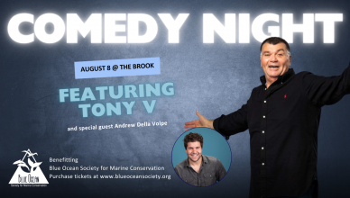 Comedy Night banner image featuring a dark-haired man with a dark shirt and his arms outstretched, and a smaller image of a brown-haired man in a gray button down shirt