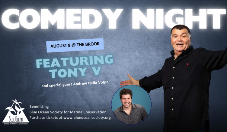 Comedy Night banner image featuring a dark-haired man with a dark shirt and his arms outstretched, and a smaller image of a brown-haired man in a gray button down shirt